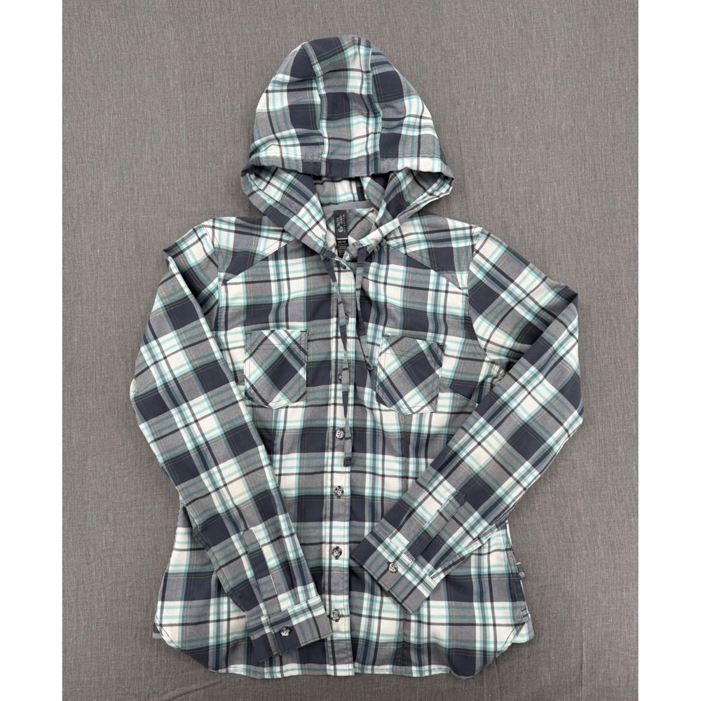 Mountain Hardwear Womens Plaid Hooded Flannel‎ Shirt Gray Teal Stretch Medium